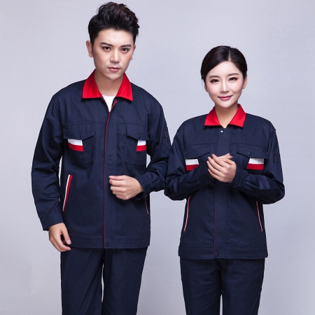 维修工人工作服如何选择款式的?(图1) 藏青色拼紫红银白春秋工作服AC02-1